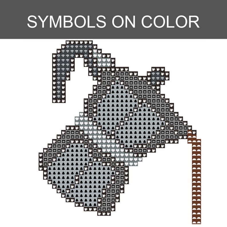 Puede incluir: Un gr&aacute;fico de estilo pixel art de una cafetera moka, representado en tonos grises y marrones. El dise&ntilde;o presenta una cuadr&iacute;cula de peque&ntilde;os iconos que incluyen corazones, campanas y cuadrados. El texto SYMBOLS ON COLOR aparece arriba.