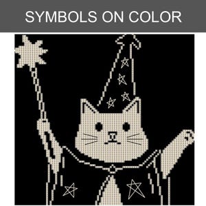 May include: A black and white diamond painting pattern featuring a cat dressed as a wizard with a star-topped wand and a pointed hat. The design includes the text SYMBOLS ON COLOR at the top and is filled with the number 2 as a repeating symbol.