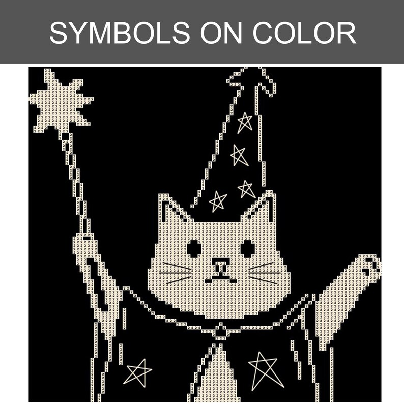May include: A black and white diamond painting pattern featuring a cat dressed as a wizard with a star-topped wand and a pointed hat. The design includes the text SYMBOLS ON COLOR at the top and is filled with the number 2 as a repeating symbol.