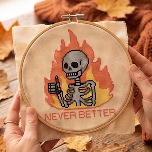 May include: A cross-stitch embroidery in a round wooden hoop featuring a grey skeleton giving a thumbs-up gesture in front of orange and yellow flames. The text NEVER BETTER is stitched in red letters at the bottom on a cream-colored fabric.