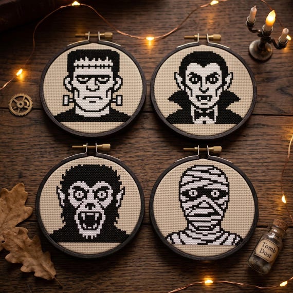 Horror Cross Stitch Pattern, Frankenstein, Dracula, Werewolf, Mummy (PDF Download)