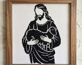 Jesus håller lamm korsstygnsmönster, minimalistisk religiös nålstygn (digital nedladdning)
