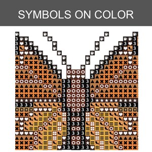 May include: A cross-stitch pattern chart titled SYMBOLS ON COLOR featuring a butterfly design. The grid displays various symbols including numbers, hearts, stars, circles, triangles, and coffee mugs in black, white, orange, and brown tones.