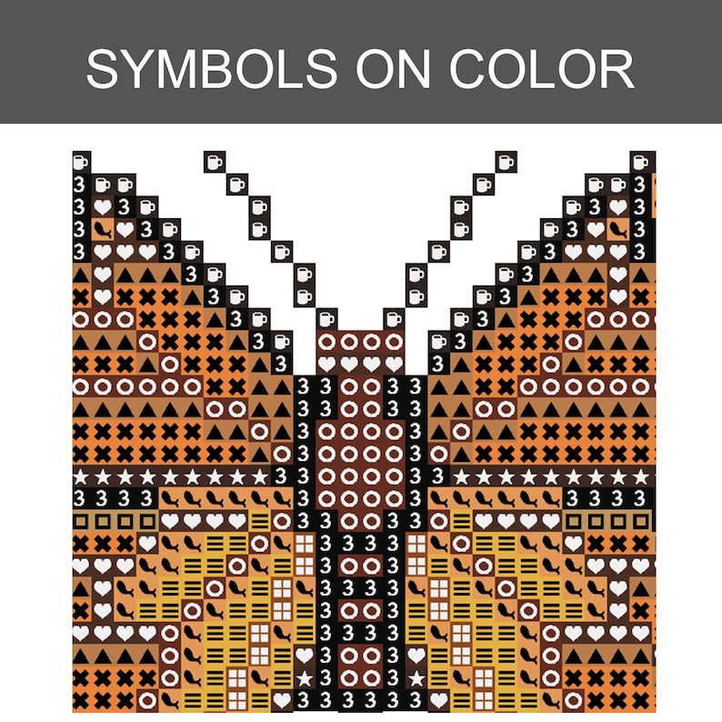 May include: A cross-stitch pattern chart titled SYMBOLS ON COLOR featuring a butterfly design. The grid displays various symbols including numbers, hearts, stars, circles, triangles, and coffee mugs in black, white, orange, and brown tones.
