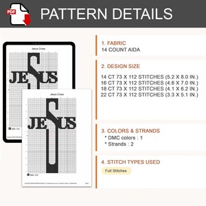 Puede incluir: Un patr&oacute;n de punto de cruz digital titulado Jesus Cross, con un dise&ntilde;o de cuadr&iacute;cula negra sobre fondo blanco. El texto incluye requisitos de tela, tama&ntilde;os de dise&ntilde;o en pulgadas para varios conteos, un color DMC, dos hebras y puntos completos.