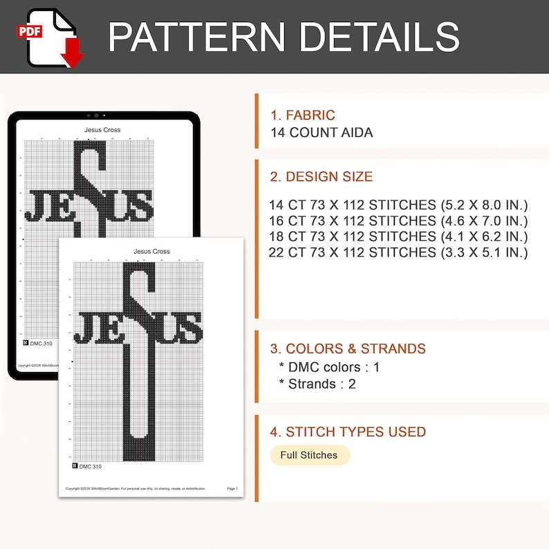 Puede incluir: Un patr&oacute;n de punto de cruz digital titulado Jesus Cross, con un dise&ntilde;o de cuadr&iacute;cula negra sobre fondo blanco. El texto incluye requisitos de tela, tama&ntilde;os de dise&ntilde;o en pulgadas para varios conteos, un color DMC, dos hebras y puntos completos.