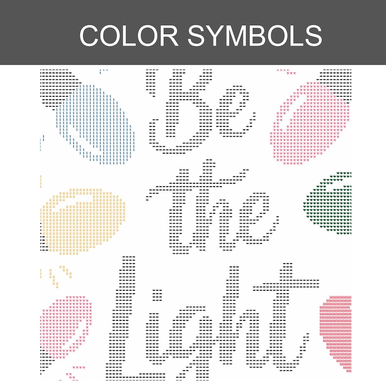 Może przedstawiać: Wz&oacute;r do haftu krzyżykowego z napisem "be the light" w kolorze czarnym, otoczony stylizowanymi ikonami żar&oacute;wek w kolorach pastelowego błękitu, r&oacute;żu, ż&oacute;łci i zieleni. Projekt przedstawiono na białym tle w kratkę z nagł&oacute;wkiem COLOR SYMBOLS.