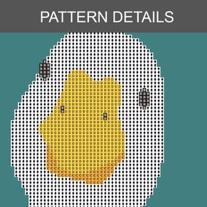 Puede incluir: Imagen pixelada de un huevo amarillo con fondo blanco, rodeado de formas de diamante negro. El texto "PATTERN DETAILS" est&aacute; en la parte superior de la imagen. La forma del huevo est&aacute; formada por las letras "D" y "C".