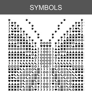 May include: A black and white cross-stitch pattern chart titled SYMBOLS at the top. The grid features a symmetrical design composed of various icons including hearts, triangles, circles, stars, mugs, and the number 3, arranged in rows.