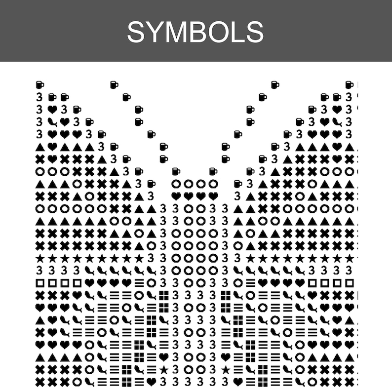 May include: A black and white cross-stitch pattern chart titled SYMBOLS at the top. The grid features a symmetrical design composed of various icons including hearts, triangles, circles, stars, mugs, and the number 3, arranged in rows.