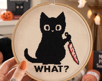Black Cat Knife Cross Stitch Pattern PDF, Funny Murderous Cat Needlepoint Chart, Digital Download PDF