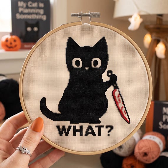 Black Cat Knife Cross Stitch Pattern PDF, Funny Murderous Cat Needlepoint Chart, Digital Download PDF