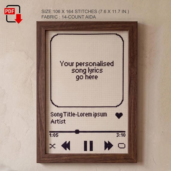 Custom Song Lyrics Cross Stitch Pattern, Personalized Music Player Embroidery, Instant Download