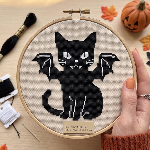 Vampire Cat Cross Stitch Pattern, Spooky Bat Cat, Halloween Gothic Decor (PDF Download)