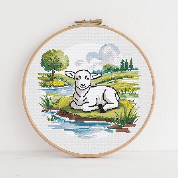 Lamb Cross Stitch Pattern Peaceful Meadow, Christian Easter (PDF Digital Download