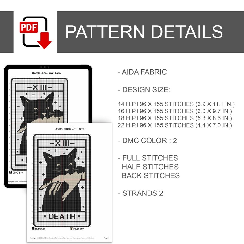 Korsstygnsmönster för svart katt från Death Tarot | Gotisk nålsöm | Direkt nedladdning bild 3