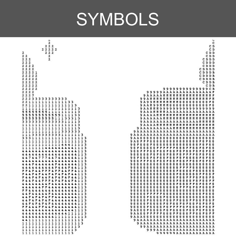 K&ouml;nnte beinhalten: Eine schwarz-wei&szlig;e digitale Tabelle mit dem Titel SYMBOLS, die zwei verschiedene Formen aus alphanumerischen Zeichen zeigt. Die linke Form besteht aus den Zahlen 1, 2, 3, 4, 5, 7 und dem Buchstaben F. Die rechte Form verwendet die Zahlen 8, 9 und A, B, C, D, E, F.
