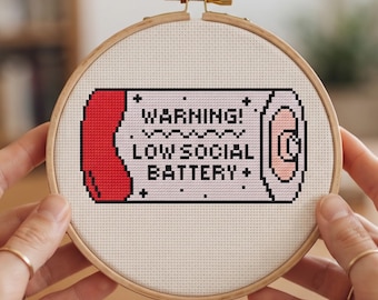 Low Social Battery Cross Stitch Pattern PDF | Funny Introvert Needlepoint Chart | Warning Sign Sarcastic Quote Craft Digital Download