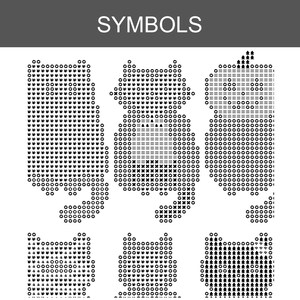 Puede incluir: Un patr&oacute;n de punto de cruz en blanco y negro titulado SYMBOLS, que muestra seis siluetas de gatos compuestas por varios s&iacute;mbolos geom&eacute;tricos, incluyendo c&iacute;rculos, cruces, l&iacute;neas horizontales, tri&aacute;ngulos y letras a min&uacute;sculas.