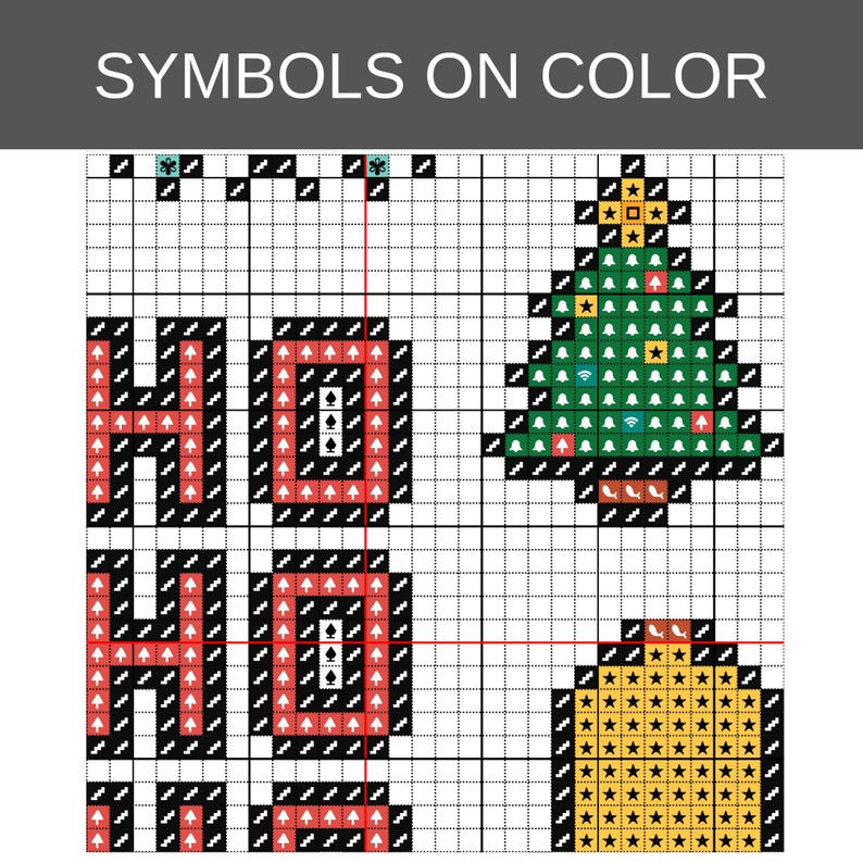 Op de afbeelding: Een kruissteekpatroonraster getiteld SYMBOLS ON COLOR met de tekst HO HO HO in rood met zwarte omlijning, een groene kerstboom met gele ster en versieringen, en een gele bel met zwarte stersymbolen op een witte achtergrond.