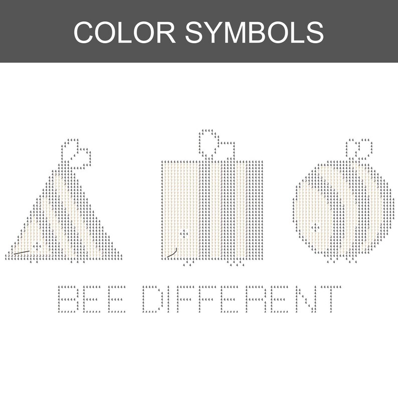 May include: A cross-stitch pattern chart titled COLOR SYMBOLS featuring three bee-shaped icons in triangle, square, and circle forms, each composed of small numbers and symbols. The text BEE DIFFERENT is displayed at the bottom in a grid format.