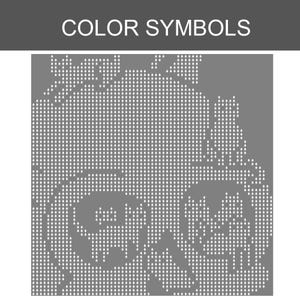 May include: A gray square chart titled COLOR SYMBOLS featuring a grid of white diamond-shaped icons. The pattern forms the silhouette of a skull with cat shapes integrated into the design, using a repeating dot matrix style for the visual layout.