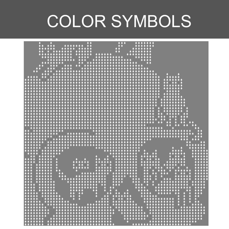 May include: A gray square chart titled COLOR SYMBOLS featuring a grid of white diamond-shaped icons. The pattern forms the silhouette of a skull with cat shapes integrated into the design, using a repeating dot matrix style for the visual layout.