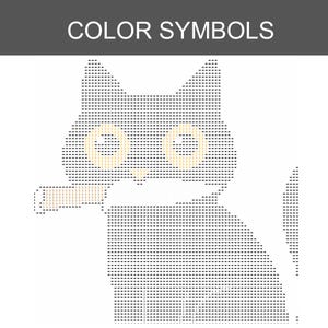 May include: A diamond painting pattern chart titled COLOR SYMBOLS featuring a cat silhouette composed of small arrows and numbers. The cat has large circular eyes and a horizontal object in its mouth, all rendered in a grid of symbols on white.