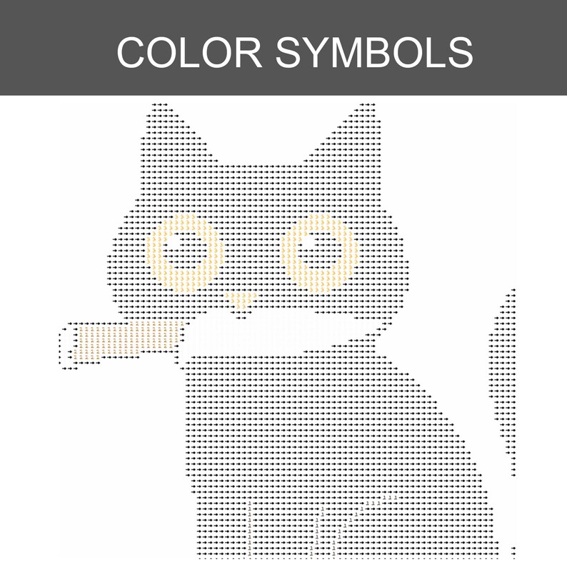 May include: A diamond painting pattern chart titled COLOR SYMBOLS featuring a cat silhouette composed of small arrows and numbers. The cat has large circular eyes and a horizontal object in its mouth, all rendered in a grid of symbols on white.