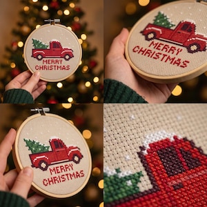 May include: A circular wooden embroidery hoop containing a cross-stitch design on beige fabric. The design features a red pickup truck carrying a green Christmas tree, with the text MERRY CHRISTMAS stitched in red below the truck.