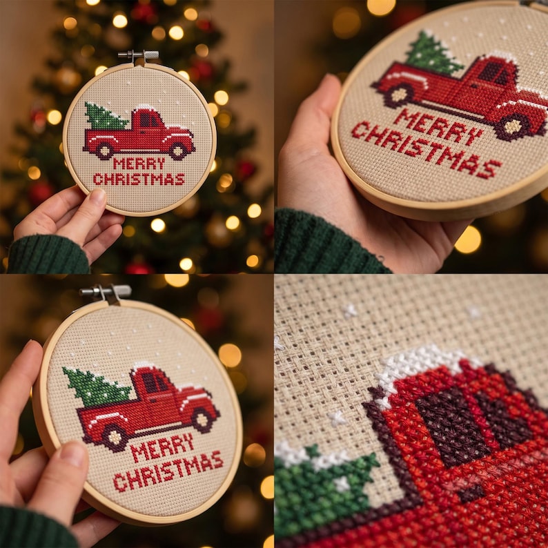May include: A circular wooden embroidery hoop containing a cross-stitch design on beige fabric. The design features a red pickup truck carrying a green Christmas tree, with the text MERRY CHRISTMAS stitched in red below the truck.