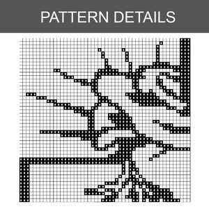 Puede incluir: Una cuadr&iacute;cula de patr&oacute;n de punto de cruz en blanco y negro etiquetada como PATTERN DETAILS. El dise&ntilde;o presenta un &aacute;rbol estilizado con un tronco grueso, ra&iacute;ces expuestas y ramas extendidas compuestas por p&iacute;xeles cuadrados.