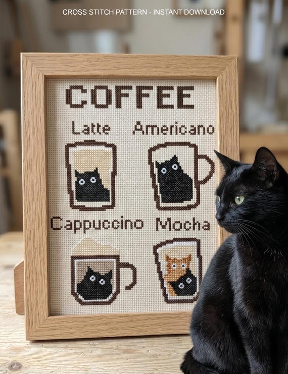 Coffee Cats Cross Stitch Pattern, Modern Kitchen Sampler, Needlepoint Cafe Decor, Instant Download