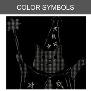 May include: A black and white digital pattern chart titled COLOR SYMBOLS featuring a cat wearing a wizard hat decorated with stars. The cat is holding a star-tipped wand, with the image composed of repeating number 2 symbols on a black background.