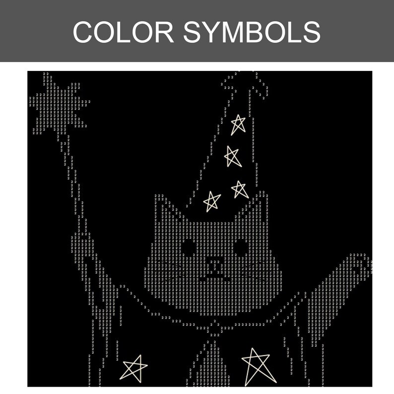 May include: A black and white digital pattern chart titled COLOR SYMBOLS featuring a cat wearing a wizard hat decorated with stars. The cat is holding a star-tipped wand, with the image composed of repeating number 2 symbols on a black background.