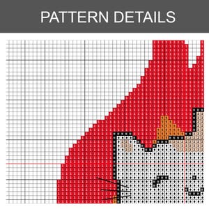 Pu&ograve; includere: Un grafico dettagliato di modelli a punto croce con un design rosso e bianco. Il grafico include numeri e simboli all'interno di una griglia, con il testo "PATTERN DETAILS" in alto.