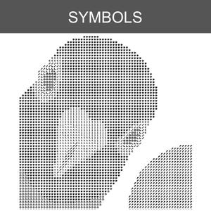 May include: A black and white cross-stitch pattern chart titled SYMBOLS, featuring a grid of symbols including the numbers 1 and 6, and the letter A, arranged to form a human head profile and a circular shape on a white background.