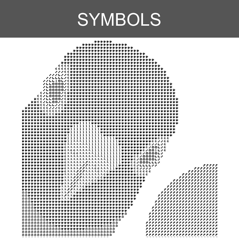 May include: A black and white cross-stitch pattern chart titled SYMBOLS, featuring a grid of symbols including the numbers 1 and 6, and the letter A, arranged to form a human head profile and a circular shape on a white background.
