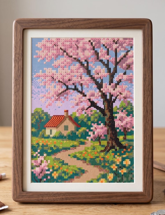 Cherry Blossom Cottage Cross Stitch Pattern, Spring Landscape Needlepoint, Floral Embroidery, Instant Download