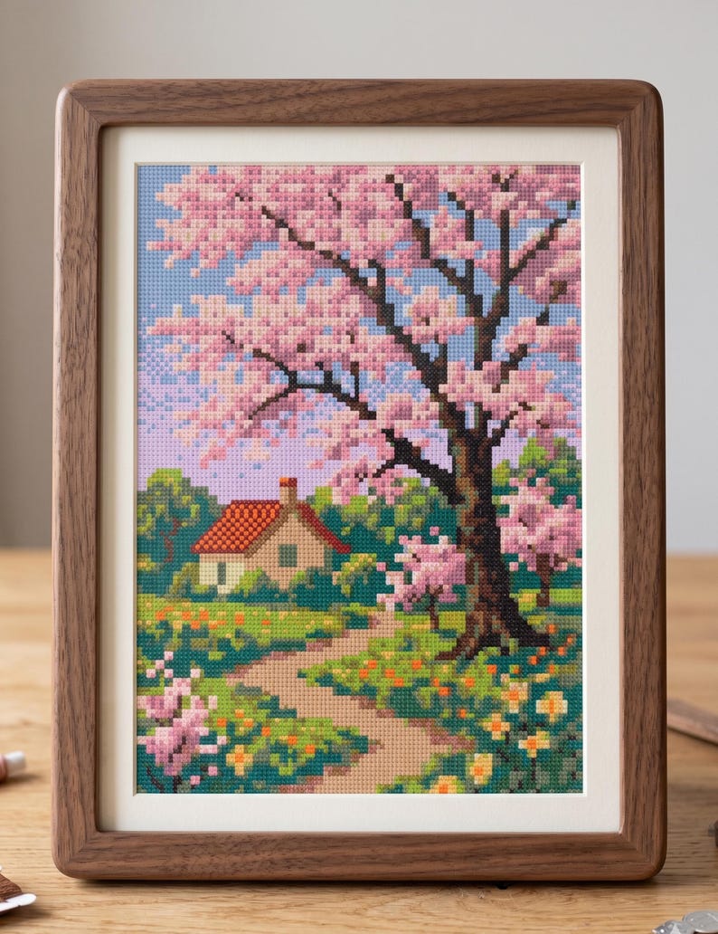 Puede incluir: Obra de arte en punto de cruz enmarcada que representa un paisaje sereno. Un camino conduce a una peque&ntilde;a casa con techo rojo, rodeada de vegetaci&oacute;n y cerezos en flor rosas. El marco es de madera oscura. Aproximadamente 30 cm x 40 cm.