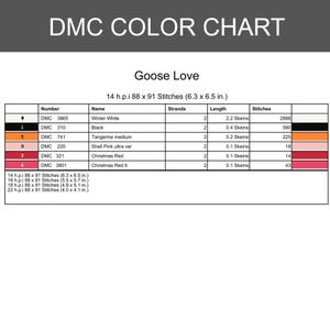 Puede incluir: Una carta de colores DMC titulada "Goose Love" con una cuadr&iacute;cula de muestras de color y los n&uacute;meros de hilo DMC correspondientes. La tabla incluye medidas de 16 x 16,5 cm y enumera nombres de hilos como "Winter White" y "Black".