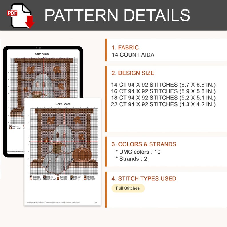 Peut inclure: Un mod&egrave;le de point de croix num&eacute;rique intitul&eacute; Cozy Ghost repr&eacute;sentant un fant&ocirc;me tenant une tasse pr&egrave;s d'une fen&ecirc;tre avec des citrouilles. D&eacute;tails : toile Aida 14 count, 10 couleurs DMC, 2 brins, points pleins. Tailles de 17,0 x 16,8 &agrave; 10,9 x 10,7 cm.