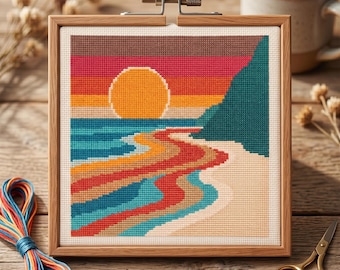 Patrón de punto de cruz de paisaje al atardecer / Bordado minimalista moderno en PDF