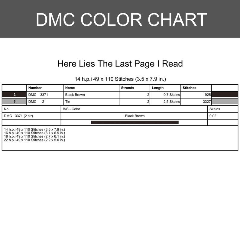 May include: A DMC color chart with the text "DMC COLOR CHART" at the top. The chart includes a table with color information, including the text "Here Lies The Last Page I Read". The chart also lists stitch counts and measurements in inches.