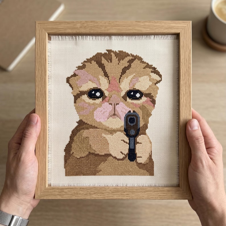 Puede incluir: Un bordado en punto de cruz enmarcado que muestra un gatito atigrado marr&oacute;n con grandes ojos oscuros y nariz rosa, sosteniendo una peque&ntilde;a pistola negra. La obra est&aacute; bordada sobre tela Aida color hueso con bordes deshilachados en un marco de madera clara.