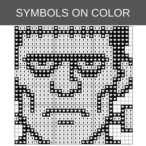 Puede incluir: Un patr&oacute;n de punto de cruz en blanco y negro titulado SYMBOLS ON COLOR. La cuadr&iacute;cula muestra un retrato estilizado compuesto por peque&ntilde;os s&iacute;mbolos de corazones y flechas hacia arriba dentro de cuadrados, formando un rostro y cabello.