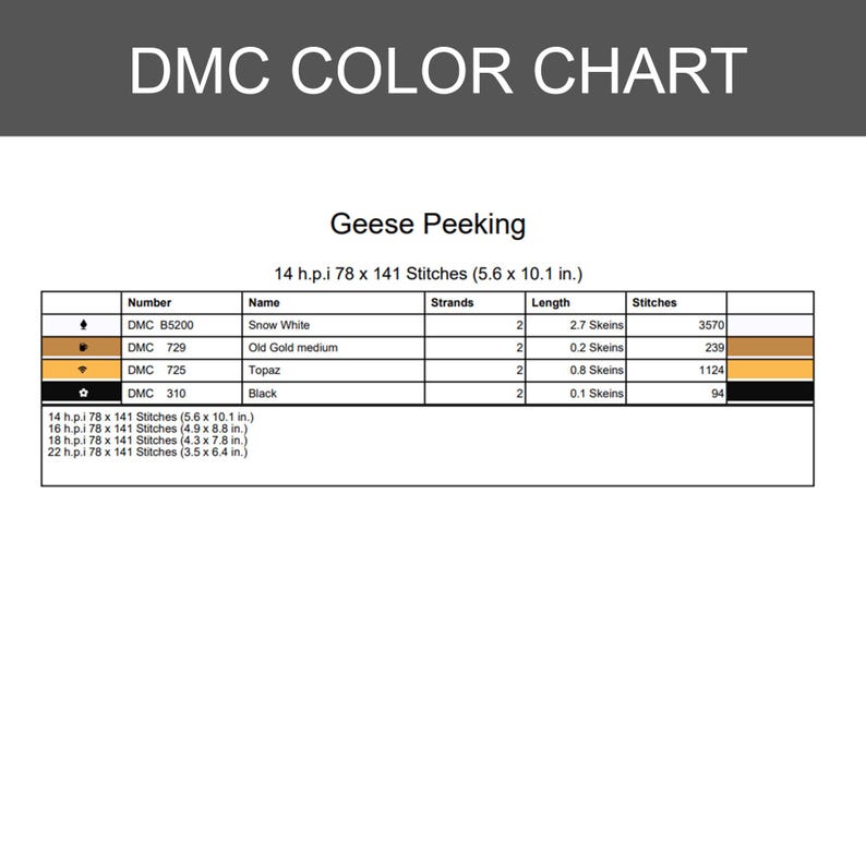 May include: A DMC color chart titled Geese Peeking with a table listing thread numbers B5200, 729, 725, and 310. It specifies 14 h.p.i, 78 x 141 stitches, and dimensions of 5.6 x 10.1 inches, plus additional stitch counts for 16, 18, and 22 h.p.i.