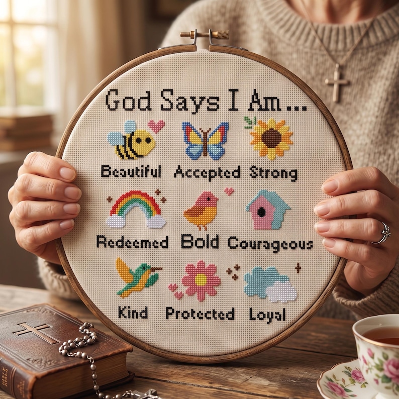 K&ouml;nnte beinhalten: Ein runder Holzstickrahmen mit einem Kreuzstichmotiv auf cremefarbenem Stoff. Der Text lautet God Says I Am, gefolgt von neun Symbolen mit Beschriftungen: Biene (Beautiful), Schmetterling (Accepted), Sonnenblume (Strong), Regenbogen (Redeemed), Vogel (Bold), Vogelhaus (Courageous), Kolibri (Kind), Blume (Protected) und Wolken (Loyal).