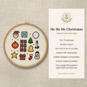 Op de afbeelding: Een houten borduurring met een kruissteekpatroon genaamd Ho Ho Ho Christmas. Het ontwerp bevat gepixelde iconen waaronder de Kerstman, een sneeuwvlok, een klok, een boom, een kaars, een ster, een cadeau, een bel, een kerstsok en een sneeuwpop.