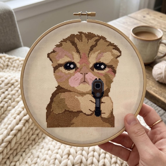 Cat with Gun Cross Stitch Pattern | Cute Kitten Meme Needlepoint | Instant Download